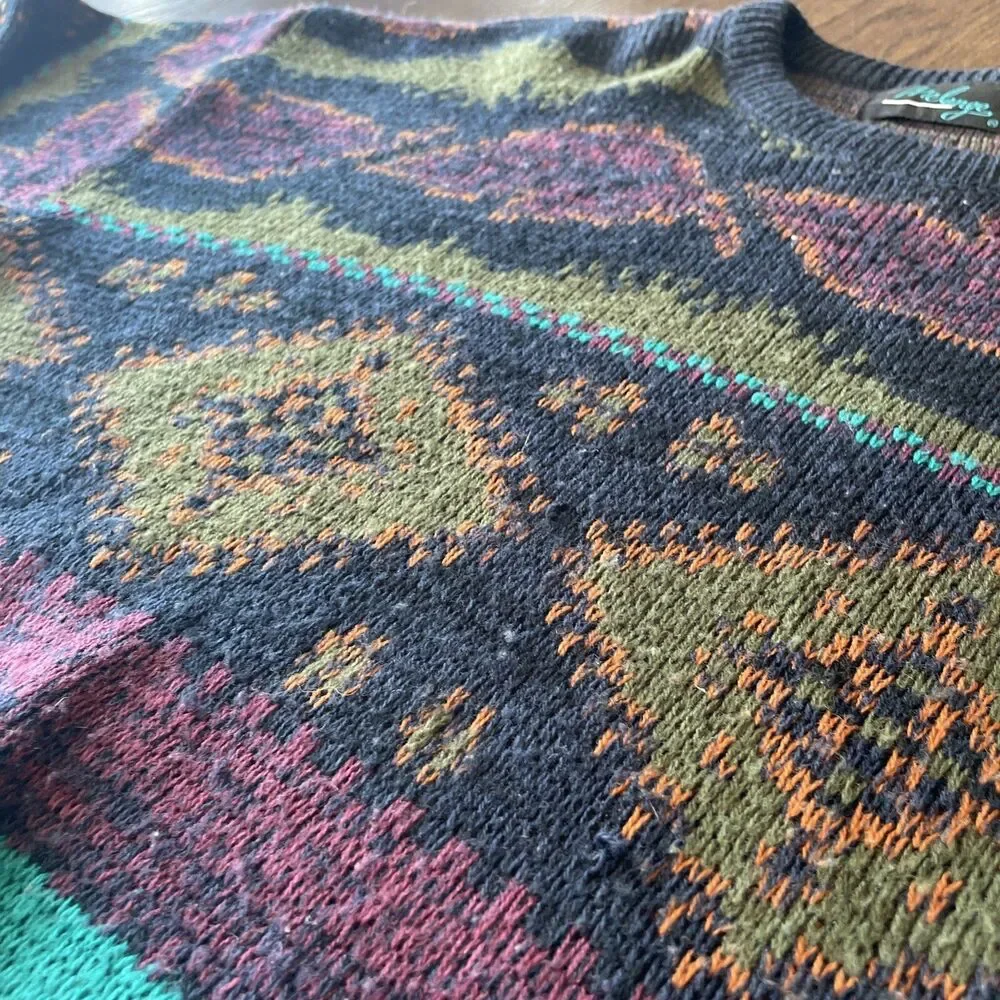 MELANGE Multi-Color Abstract Acrylic Sweater Vtg 90s Mens Biggie Cosby; Sz Med